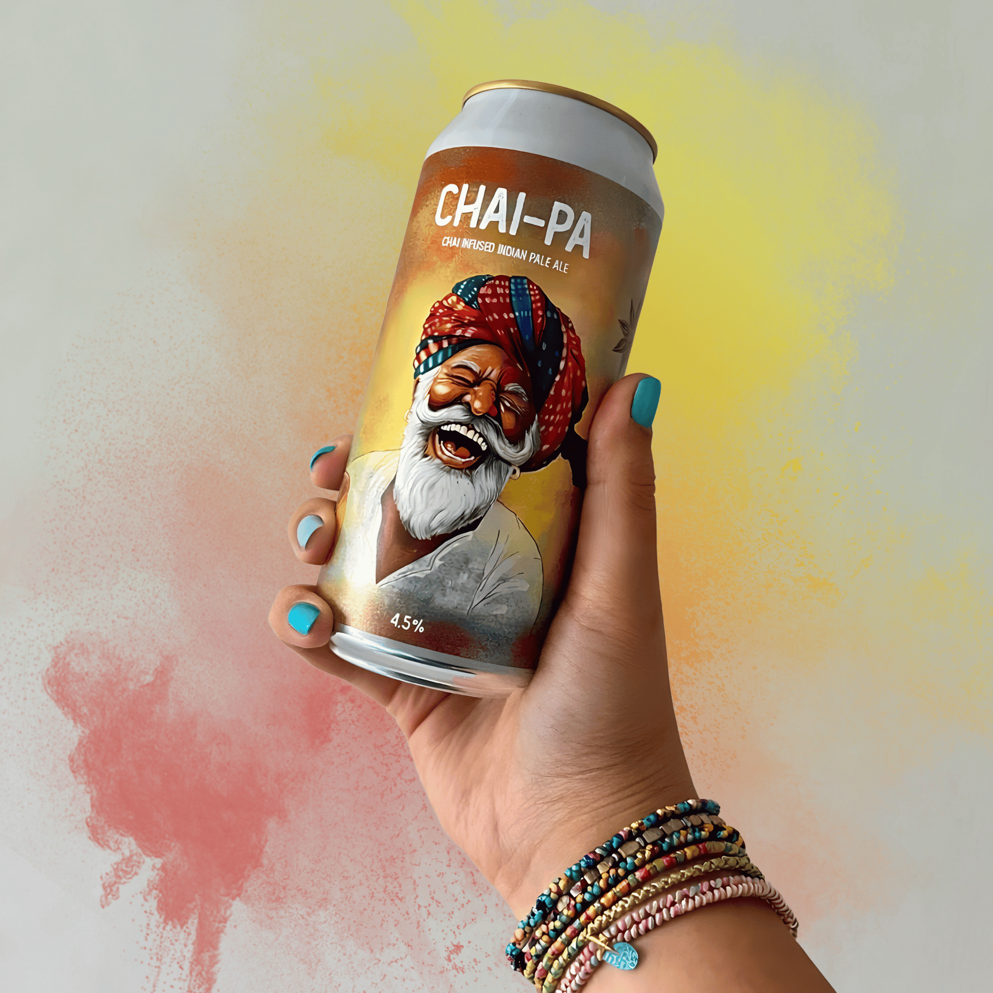 Hand holding a 'Chai-Pa' can with a colorful label against a multicolored background