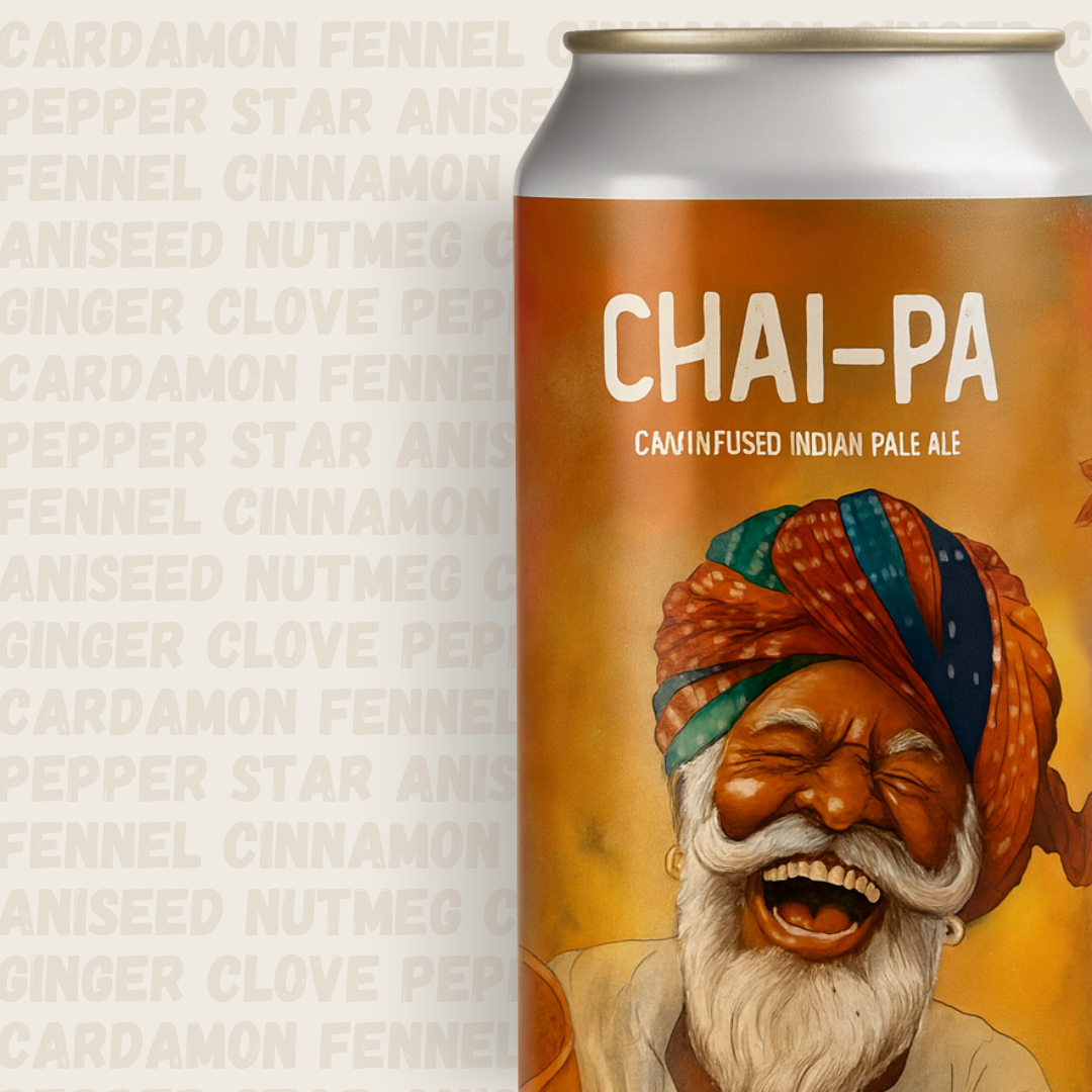 Can of Chai-Pa beer with a colorful label featuring an illustration of a man with a turban on a beige background with spice names.